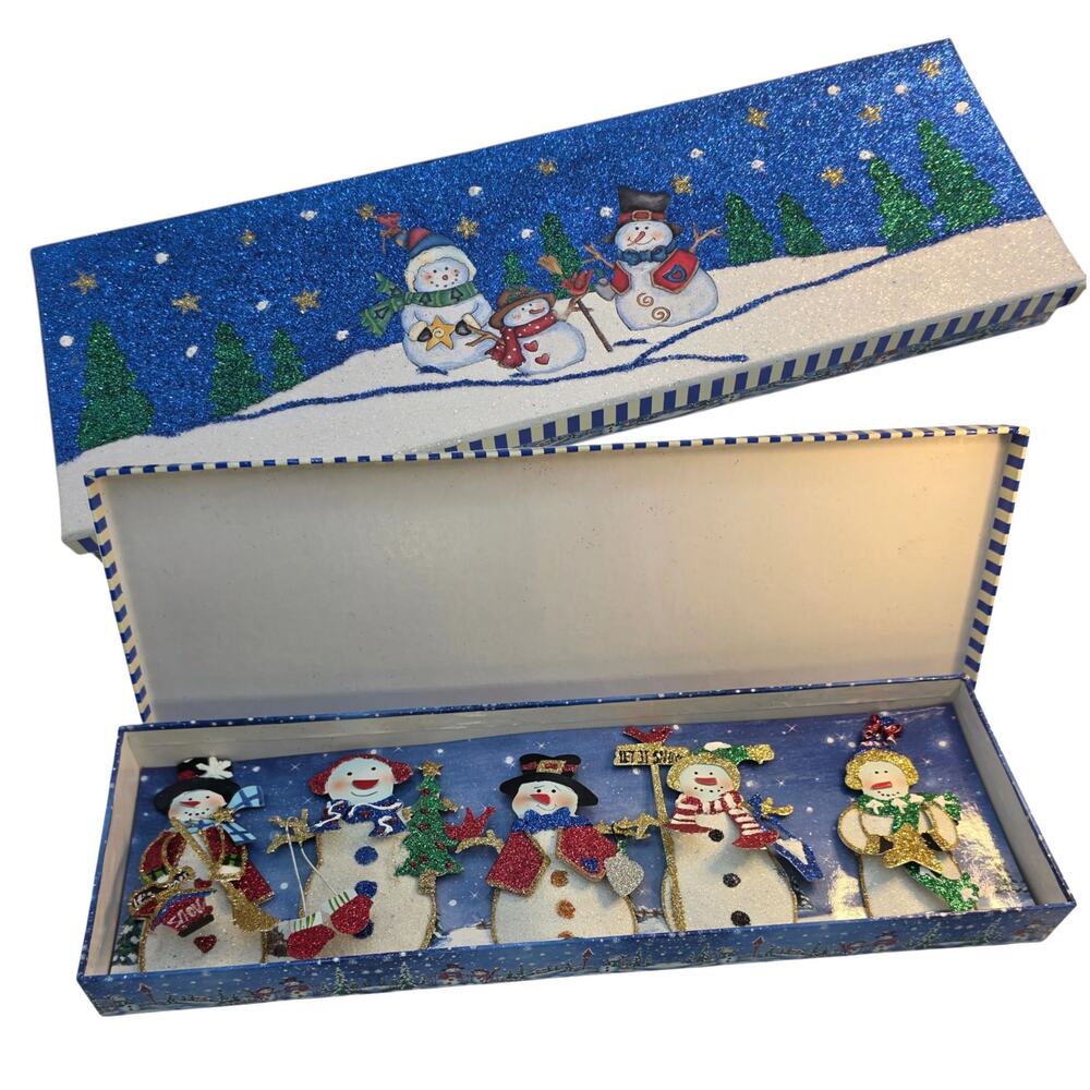 5-Piece Christmas Snowman Glitter Ornaments Set with Storage Box Vintage